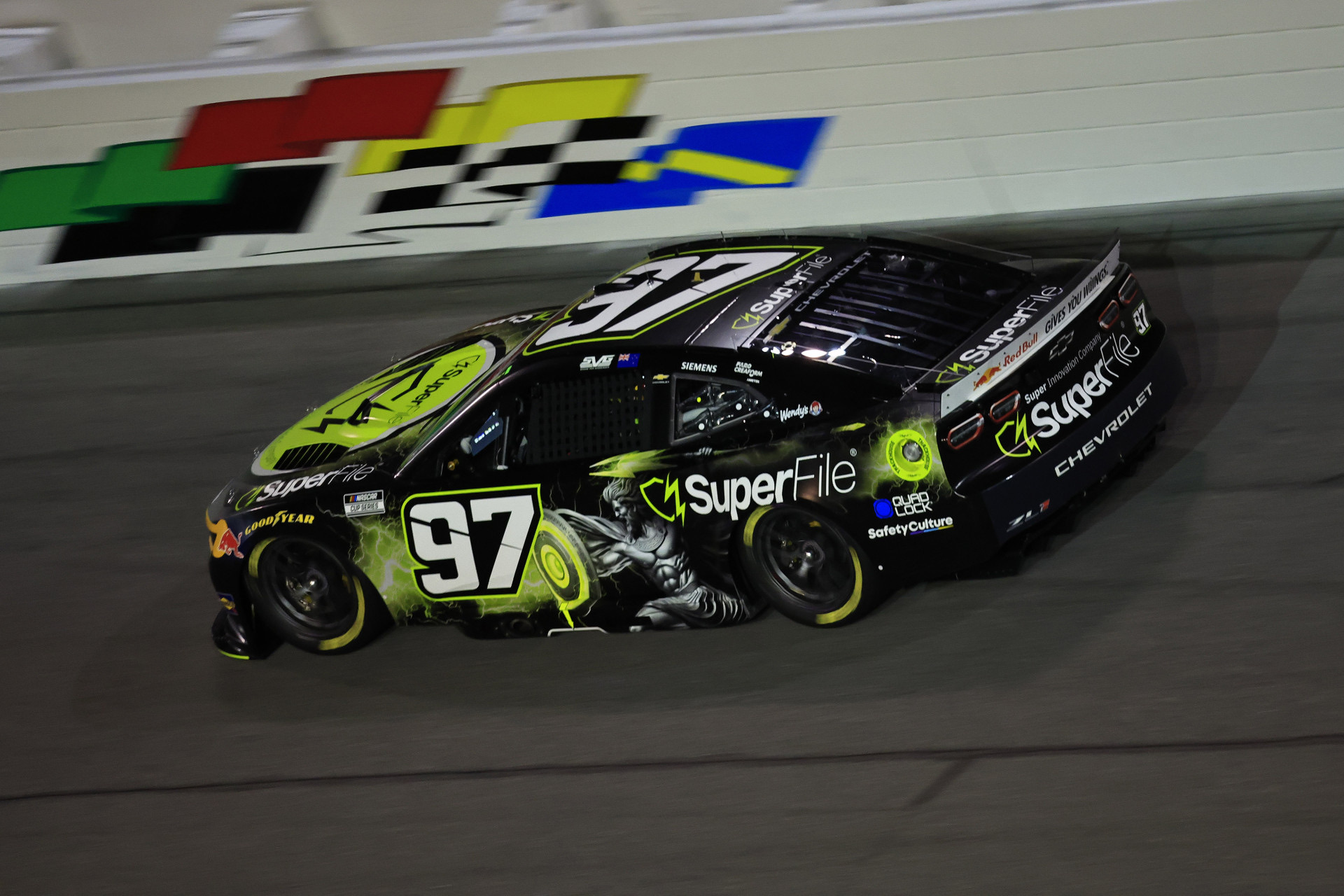 The SuperFile #97 Chevrolet of Shane van Gisbergen on the banking at the Daytona 500