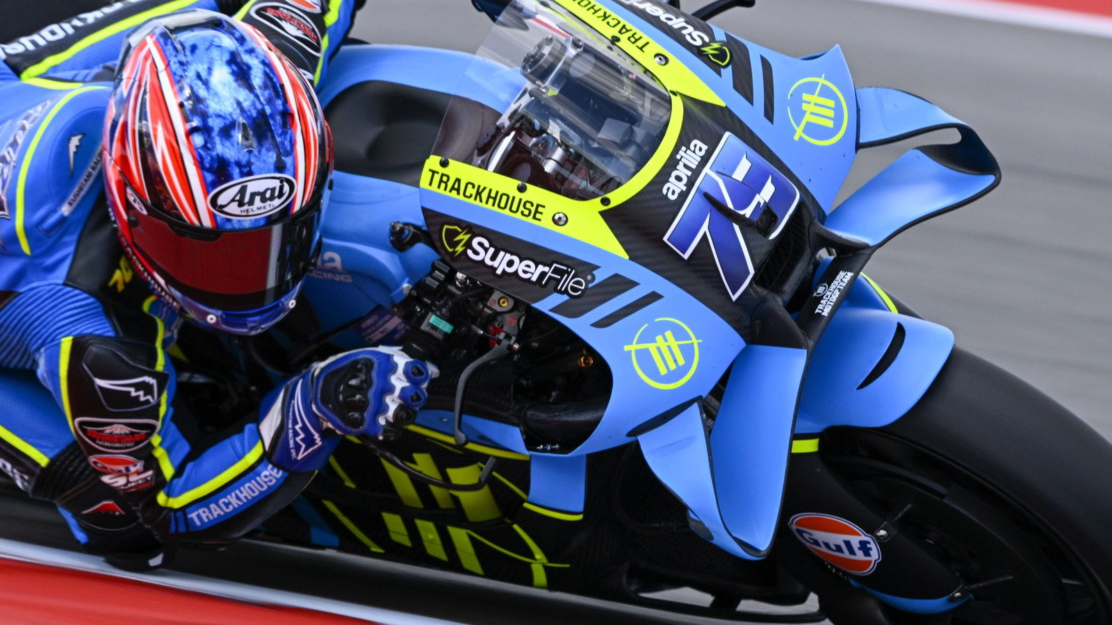 A rider on the SuperFile Trackhouse Aprilia